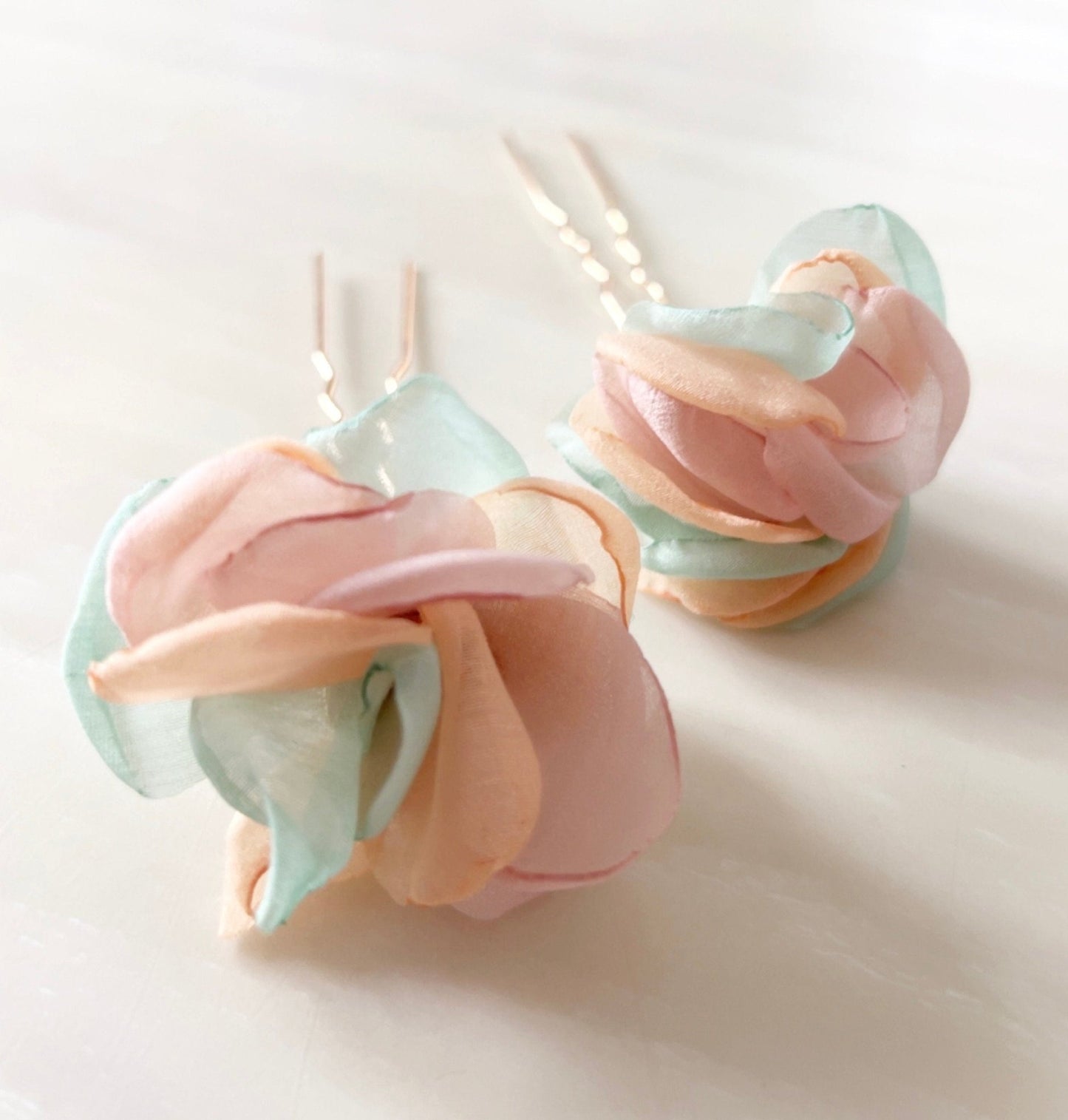 Mint and blush flower hair pins - Petal & Pearl