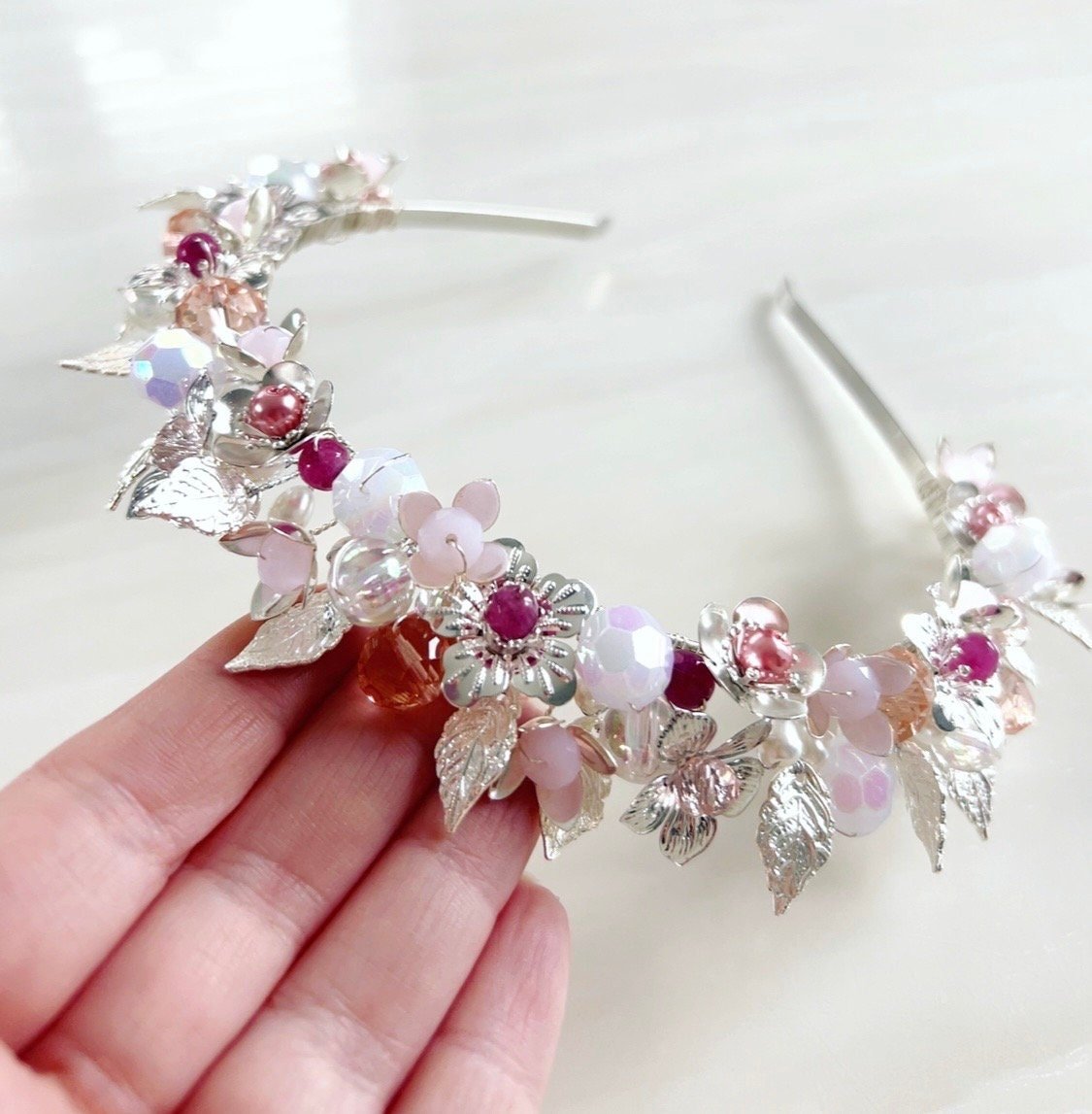Pink and silver bridal headpiece - Petal & Pearl