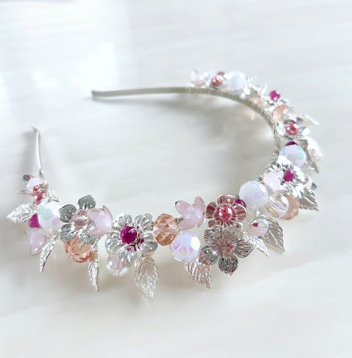 Pink and silver bridal headpiece - Petal & Pearl