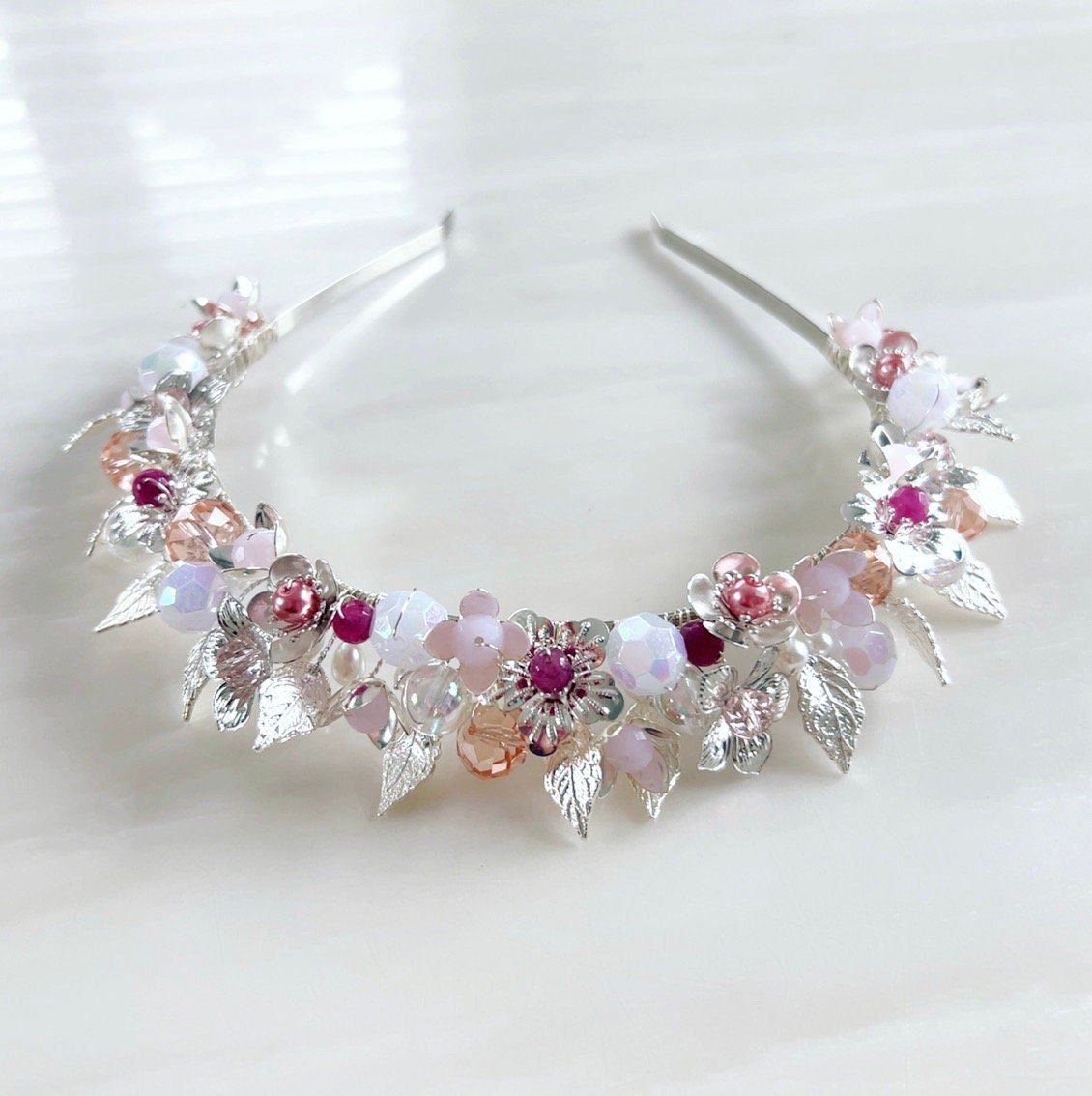 Pink and silver bridal headpiece - Petal & Pearl