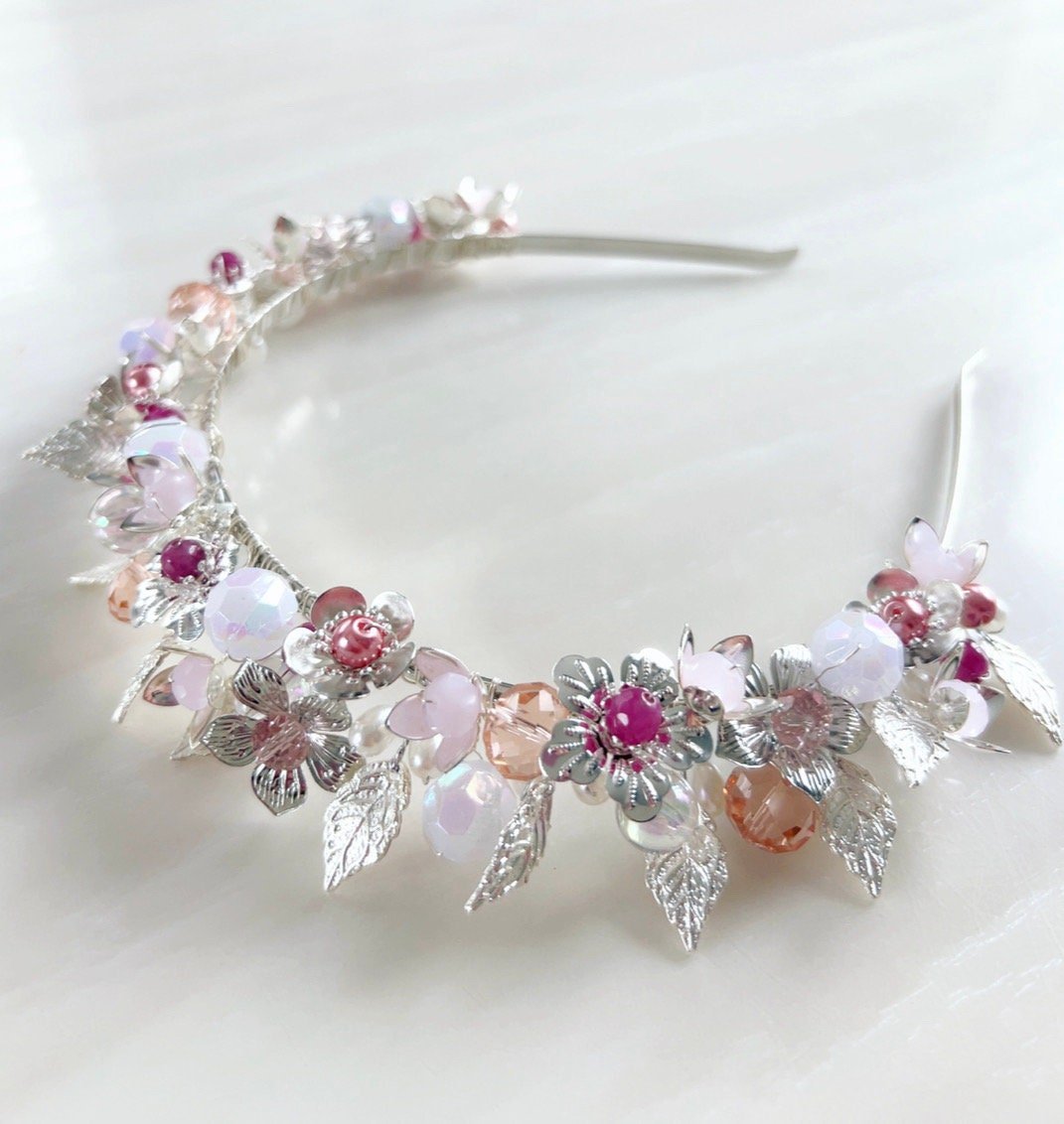 Pink and silver bridal headpiece - Petal & Pearl