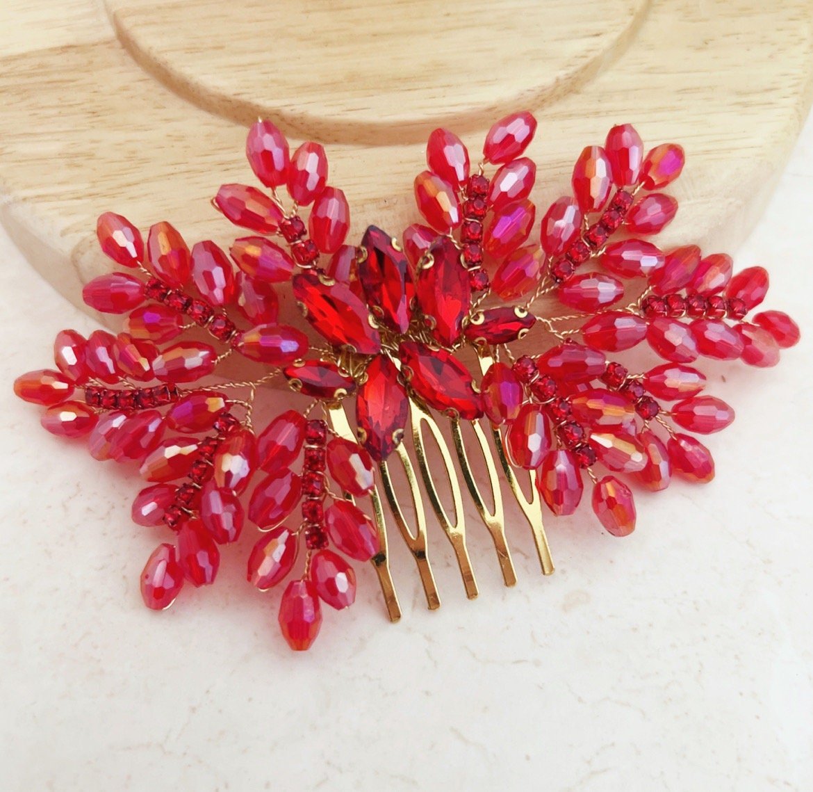 Red bow crystal hair comb - Petal & Pearl