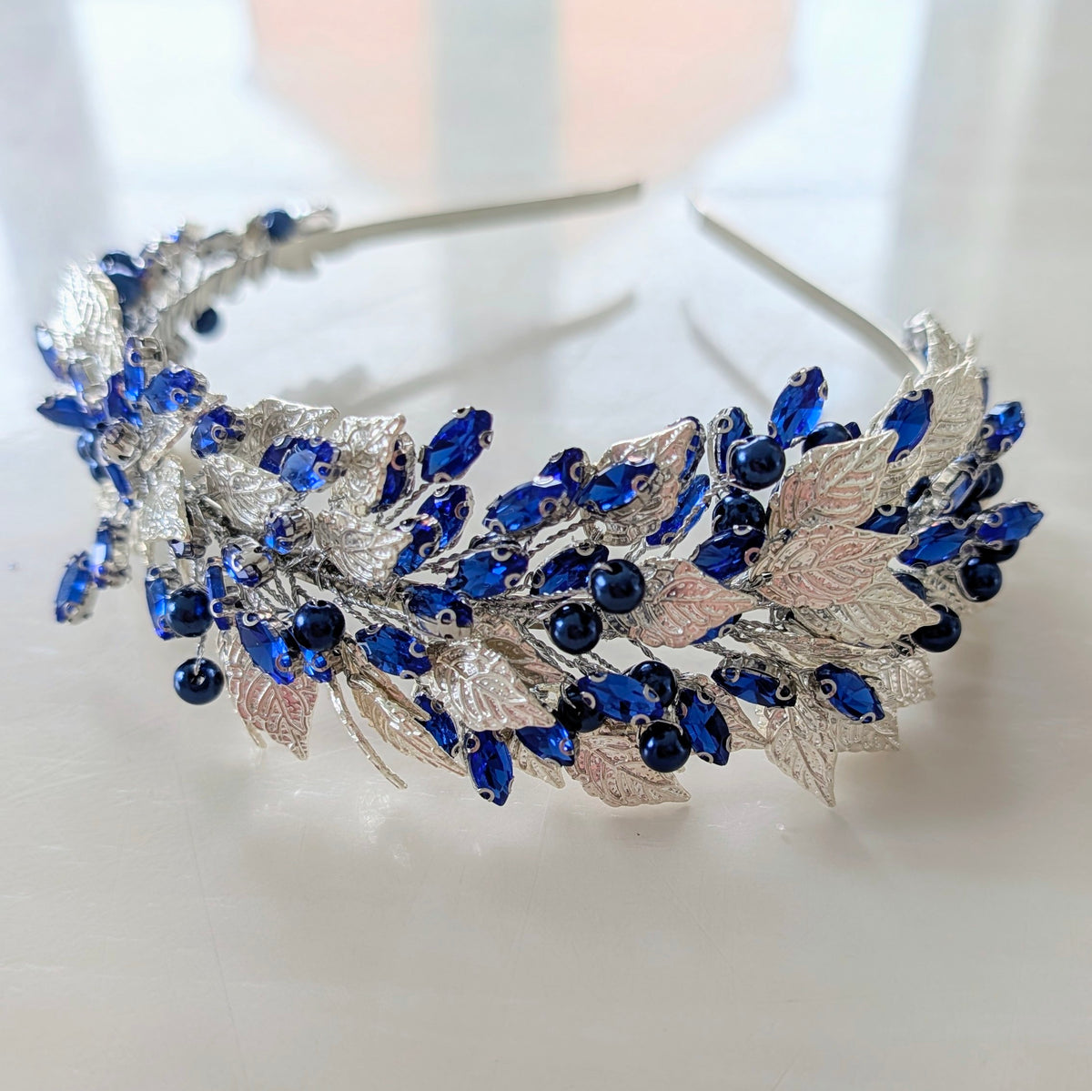 Silver leaf and blue crystal headband