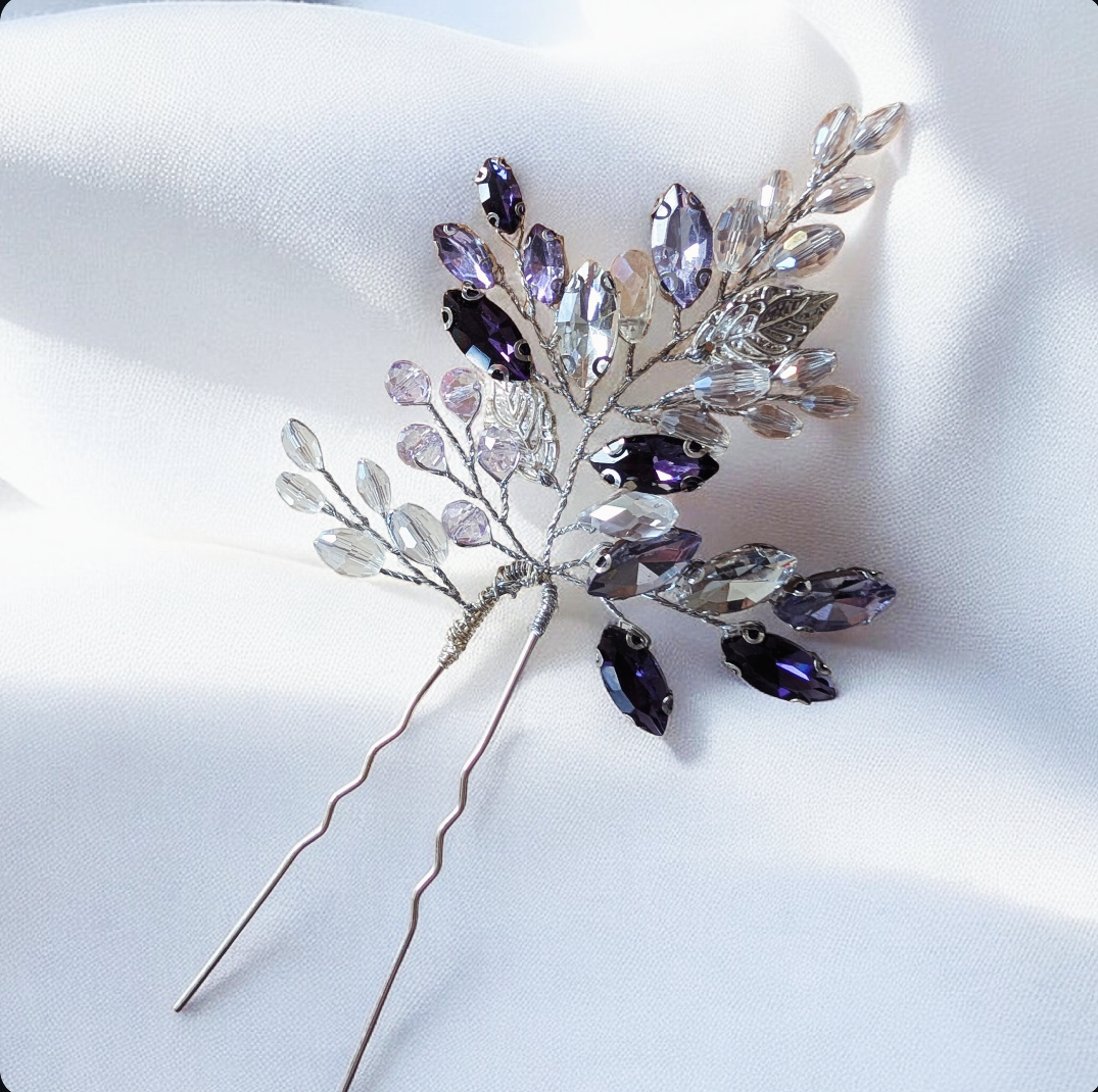 Silver Leaf Hair Pin with Lilac & Purple Crystals