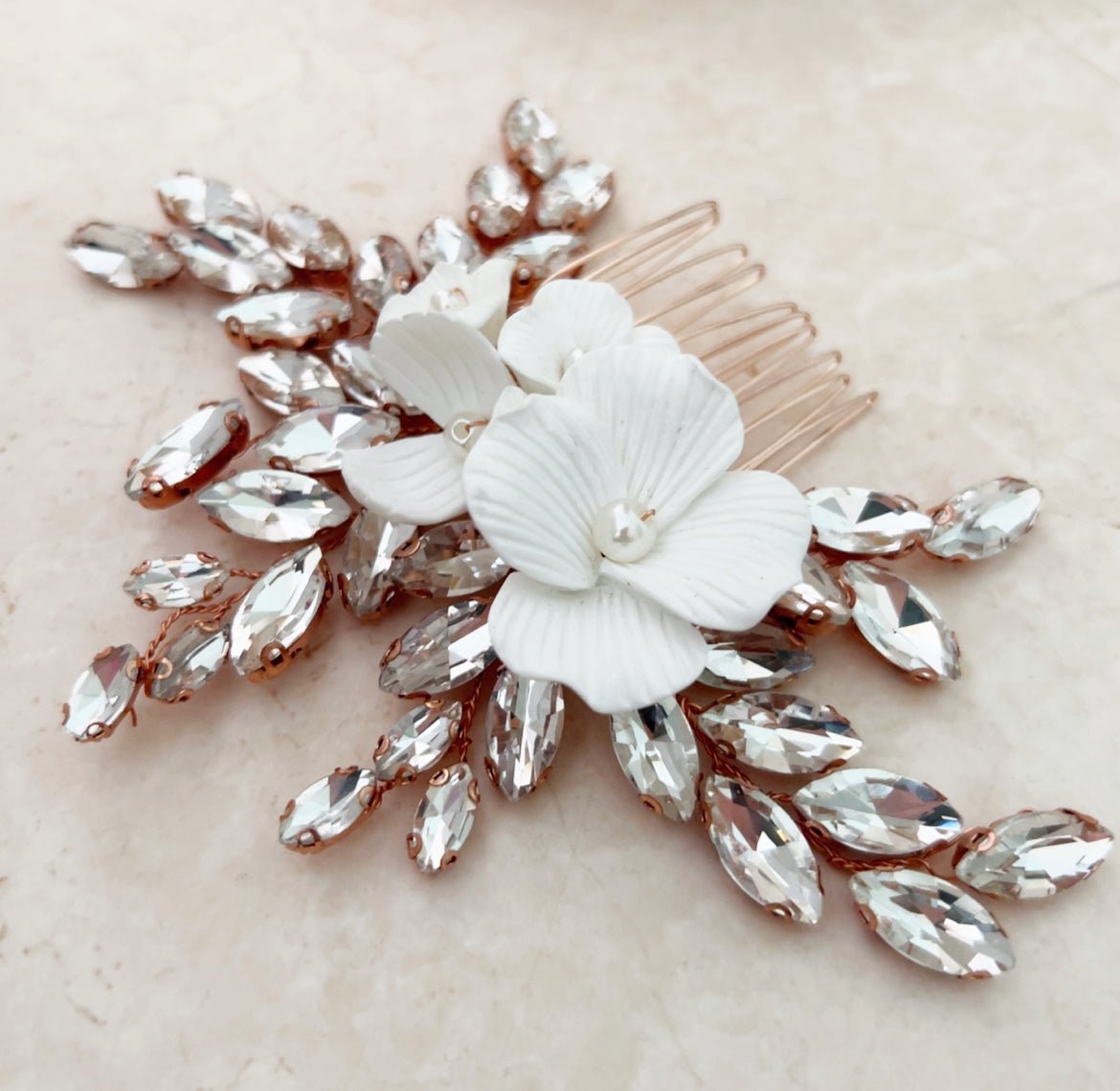 Rose Gold Bridal Hair Comb - Petal & Pearl