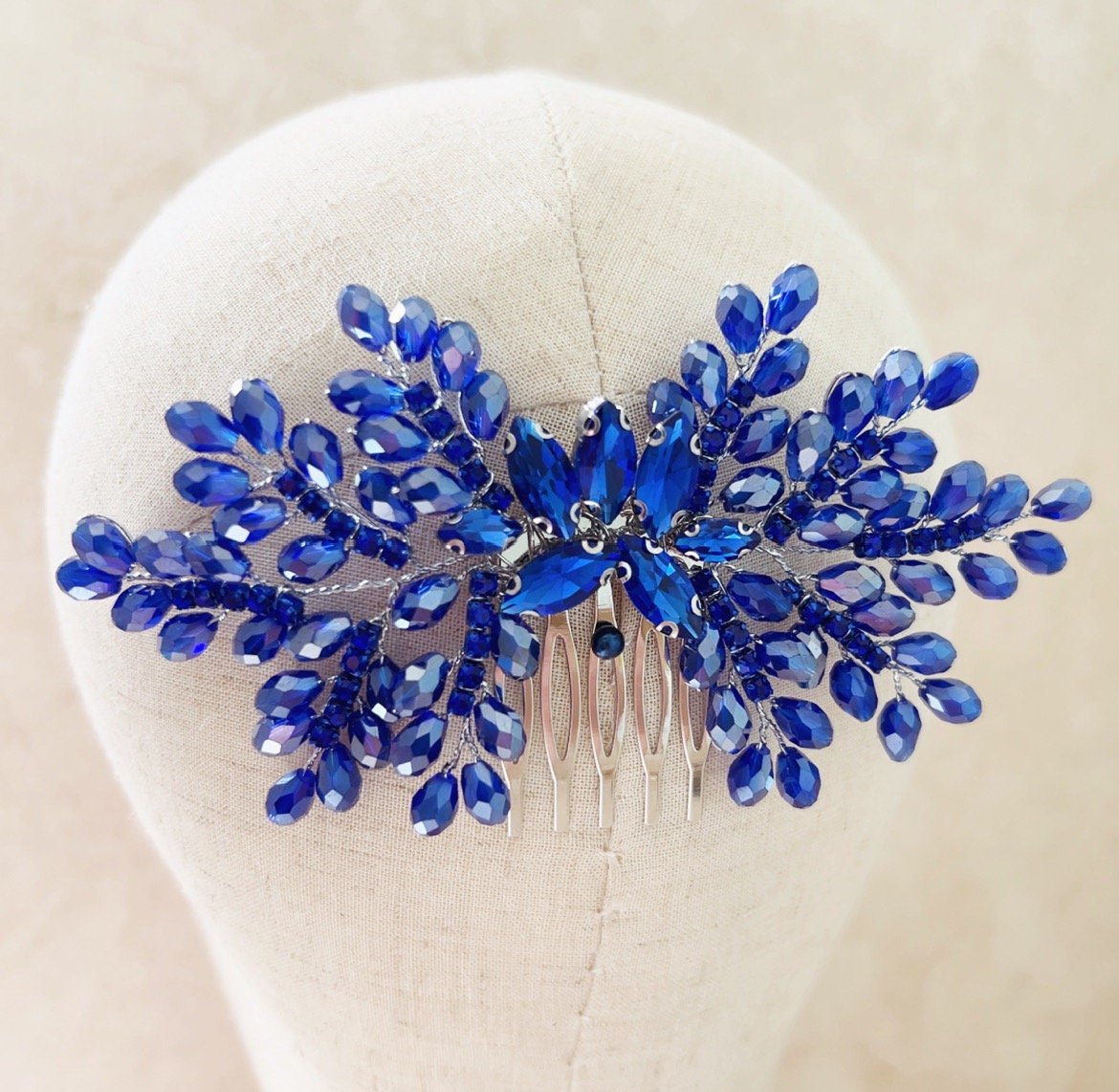 Royal blue bow crystal hair comb - Petal & Pearl