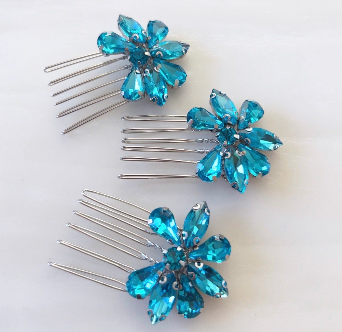 Set of three bright blue crystal hair combs - Petal & Pearl