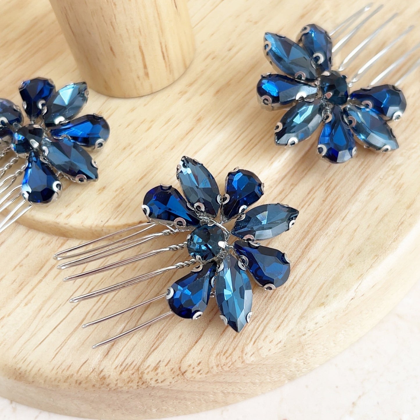 Set of three navy blue crystal hair combs - Petal & Pearl