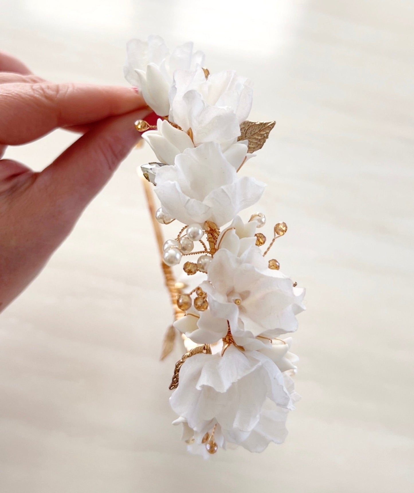 White and gold bridal flower crown - Petal & Pearl