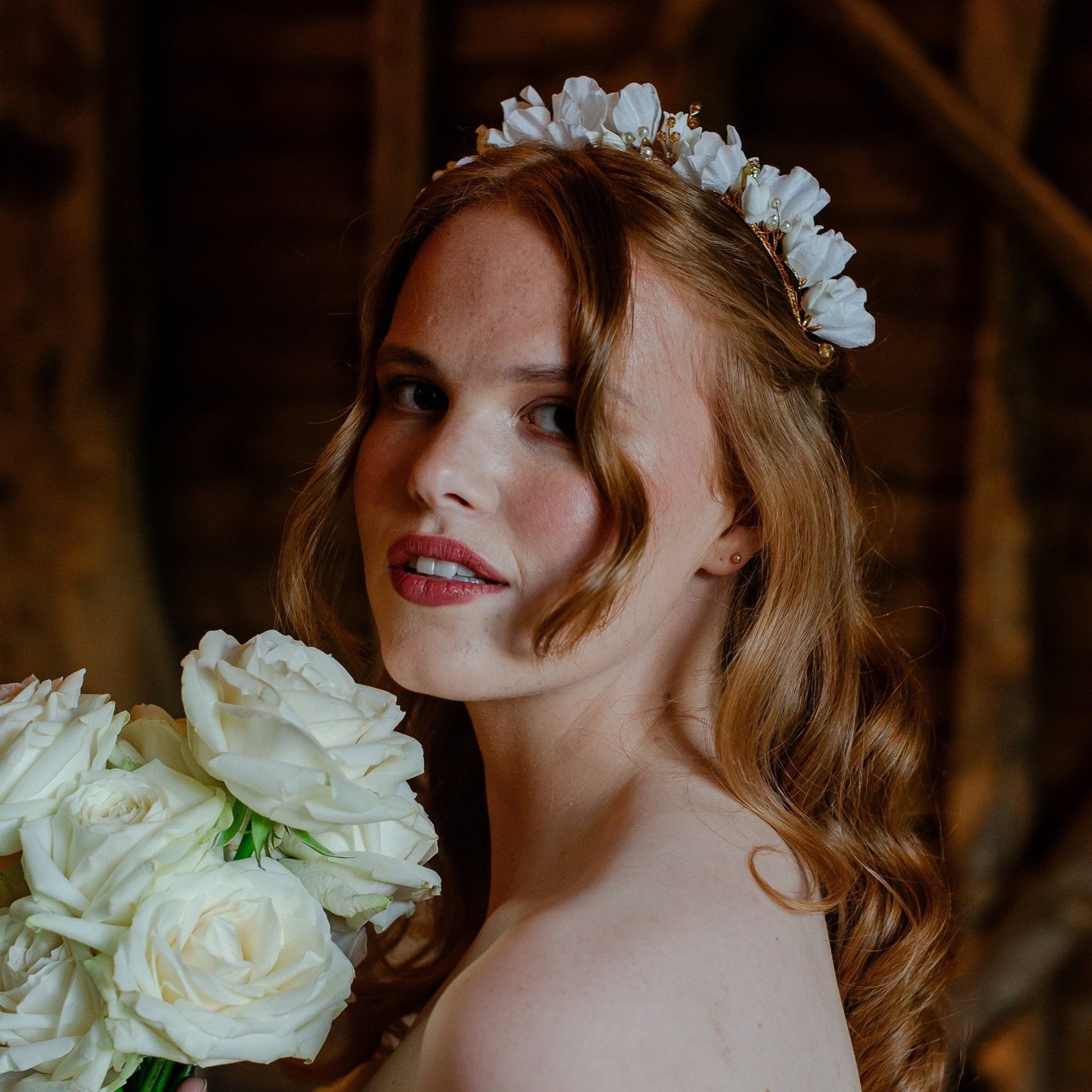 White and gold bridal flower crown - Petal & Pearl