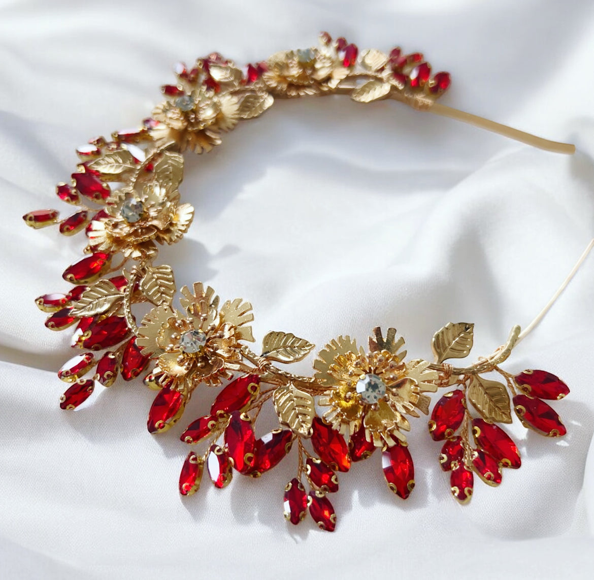 Solstice Crown- Red Crystal & Gold Flower Headpiece