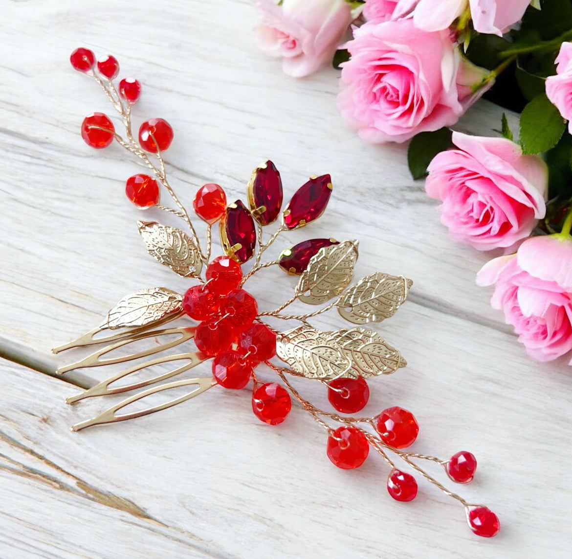 Gold leaf and red crystal hair comb