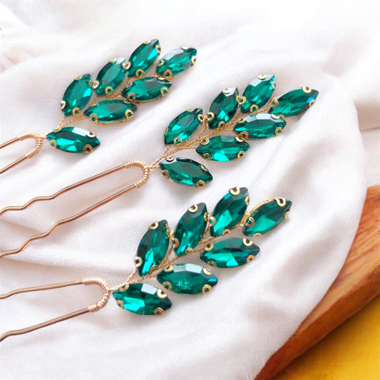 Emerald green crystal hair pins