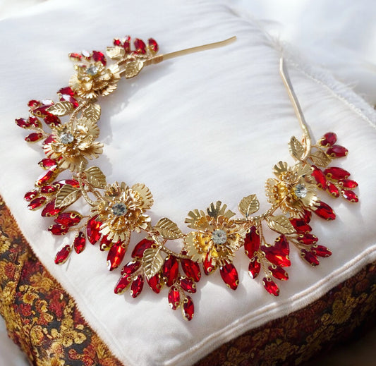 Solstice Crown- Red Crystal & Gold Flower Headpiece