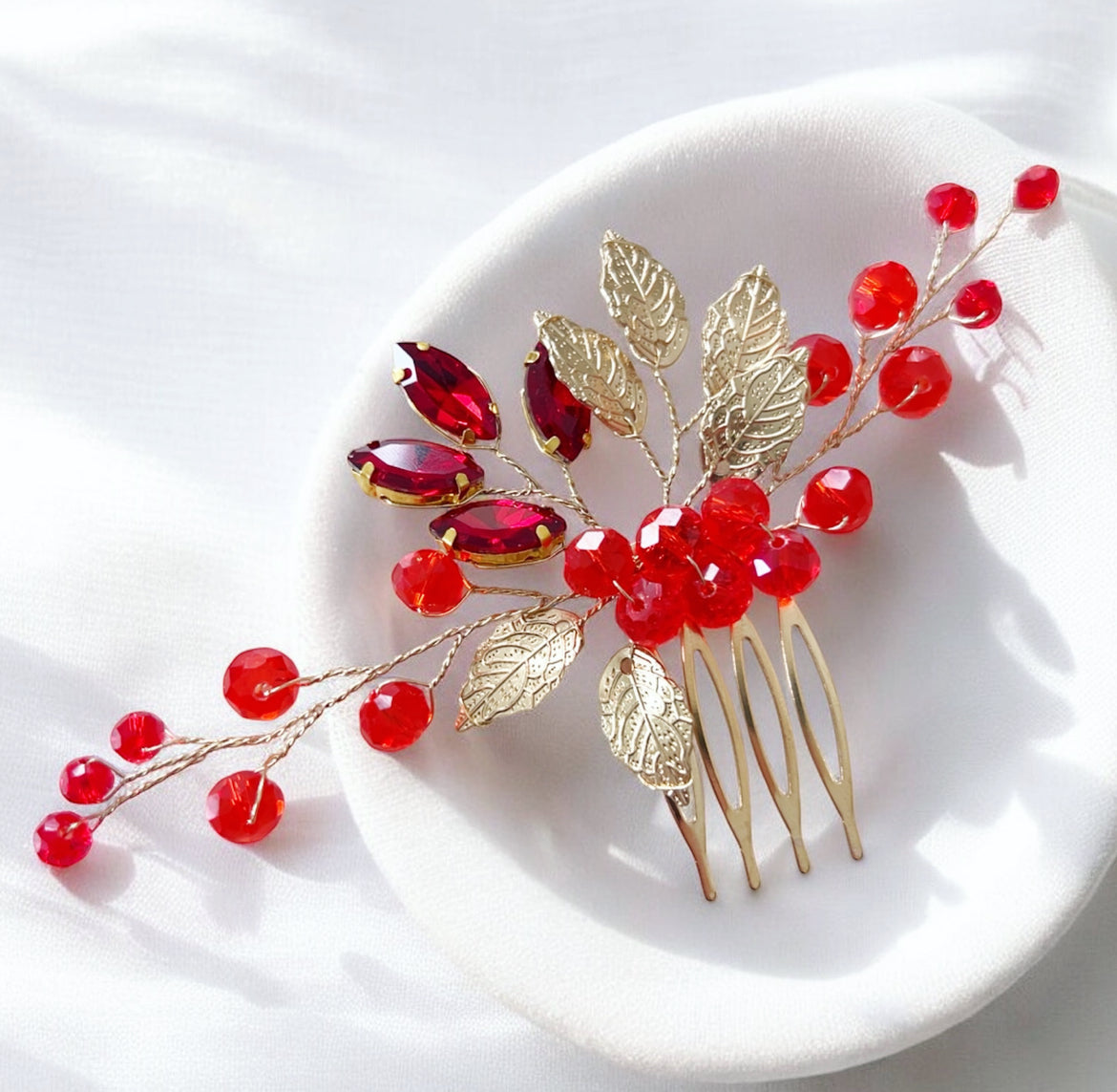 Gold leaf and red crystal hair comb