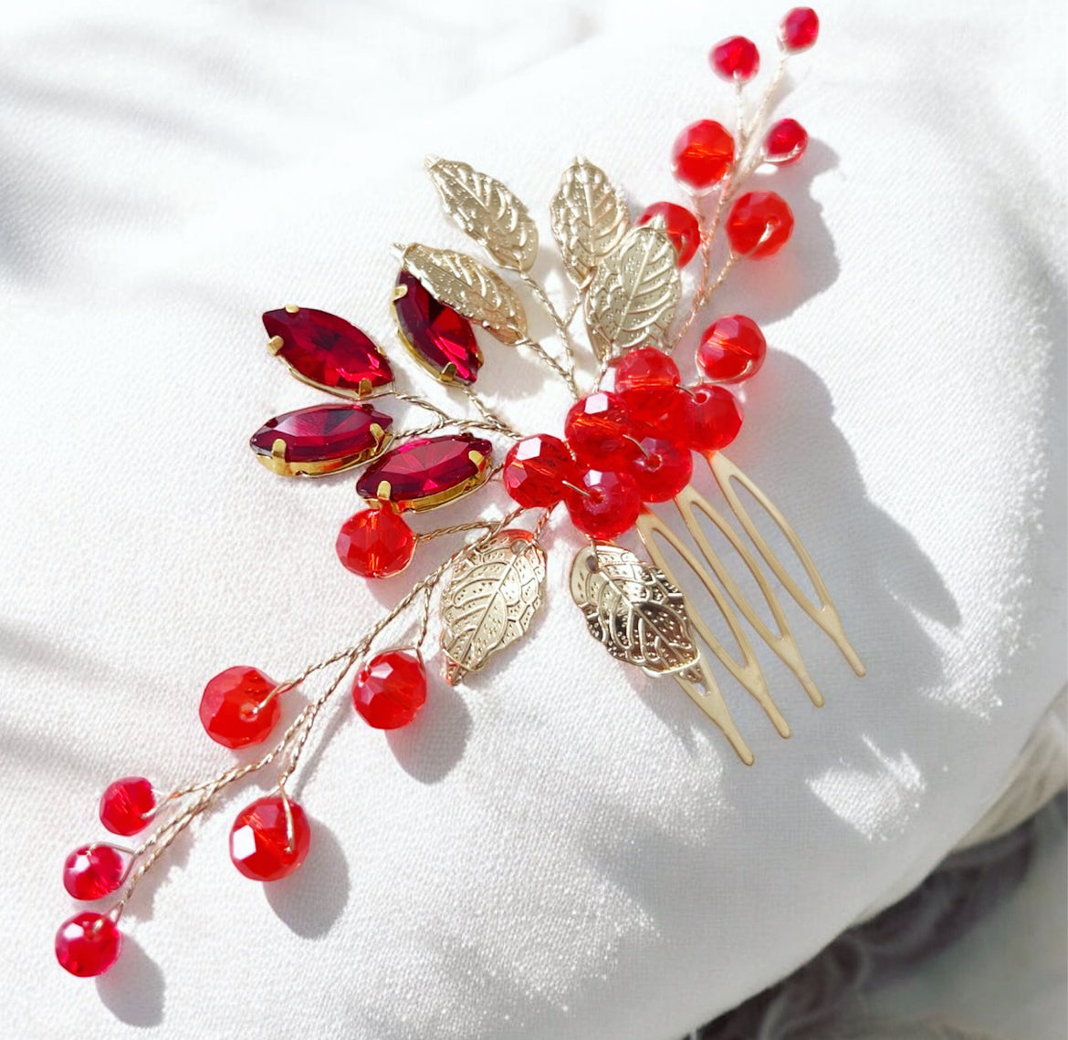 Gold leaf and red crystal hair comb