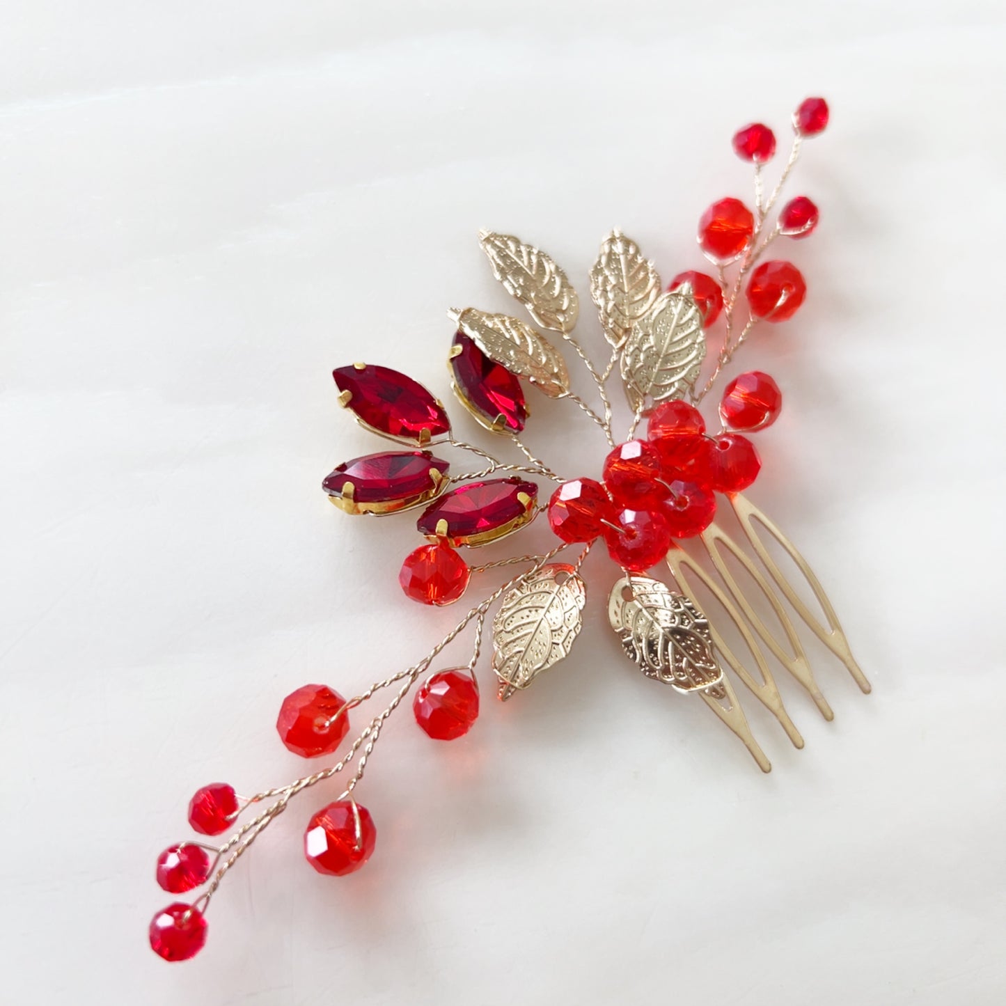 Gold leaf and red crystal hair comb