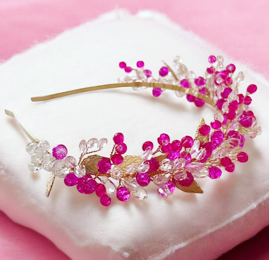 Pink Crystal and Gold Leaf Headband