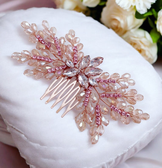 Pink crystal bow hair comb