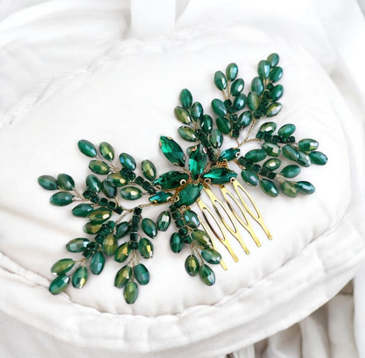 Green bow crystal hair comb