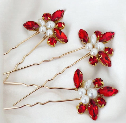 Red Crystal and Pearl Hair Pins