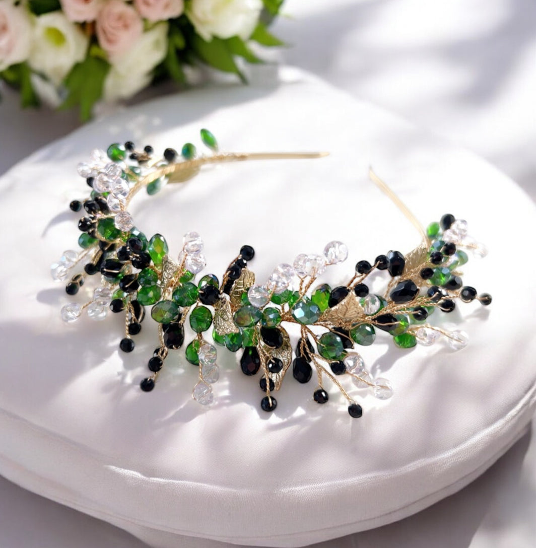 Green and black bridal and occasion headpiece