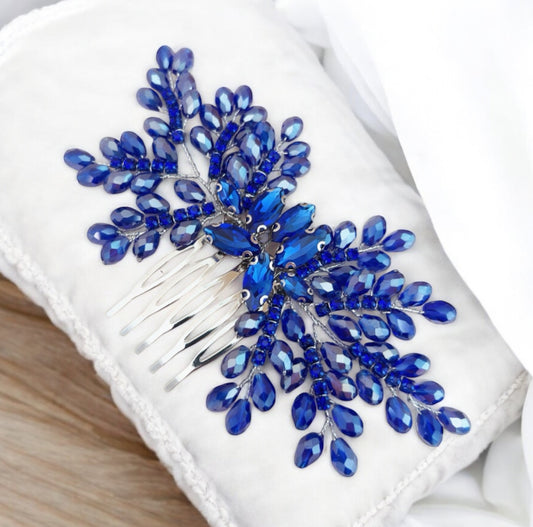 Royal blue bow crystal hair comb