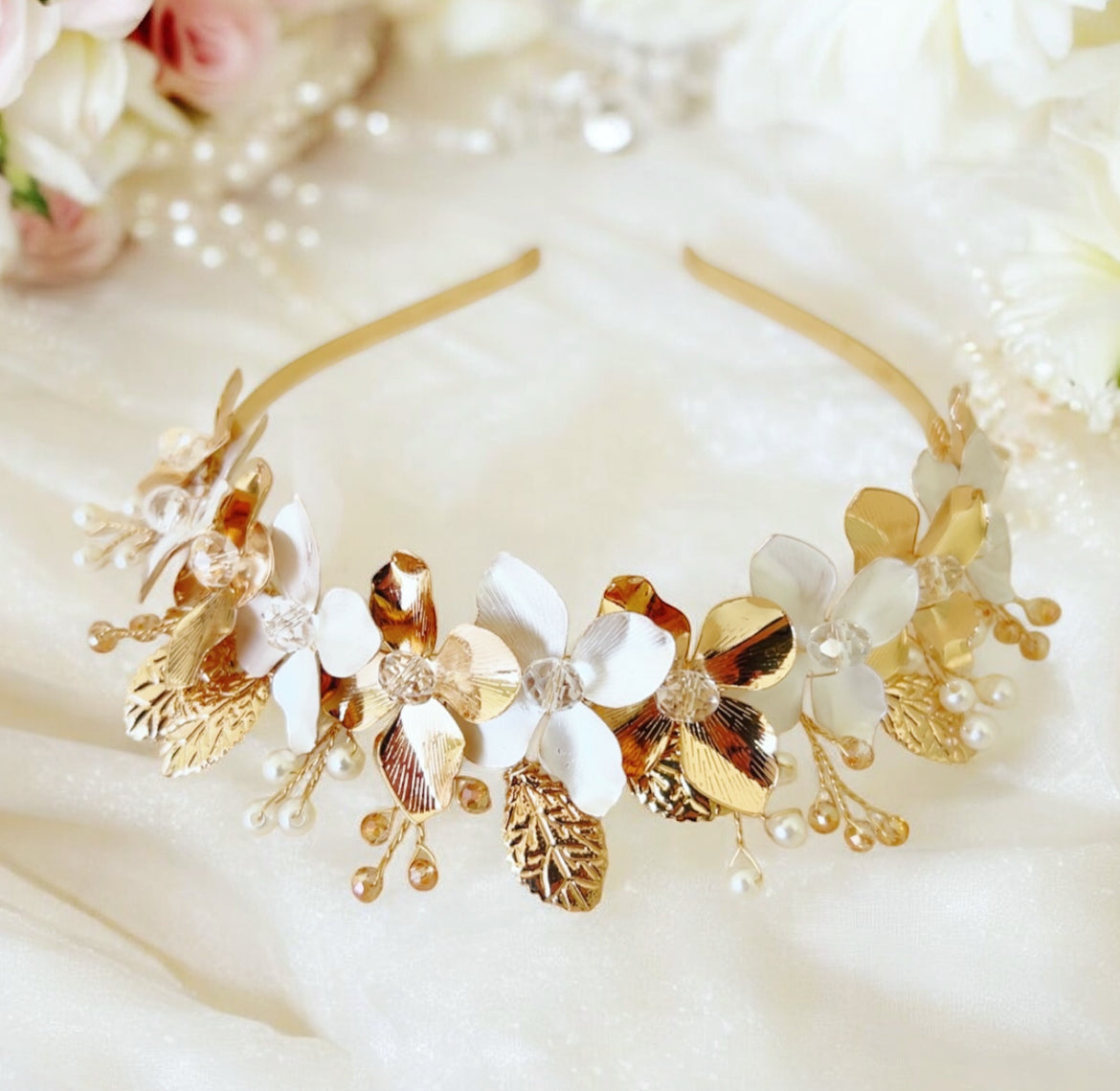 White and Gold Flower Bridal Crown