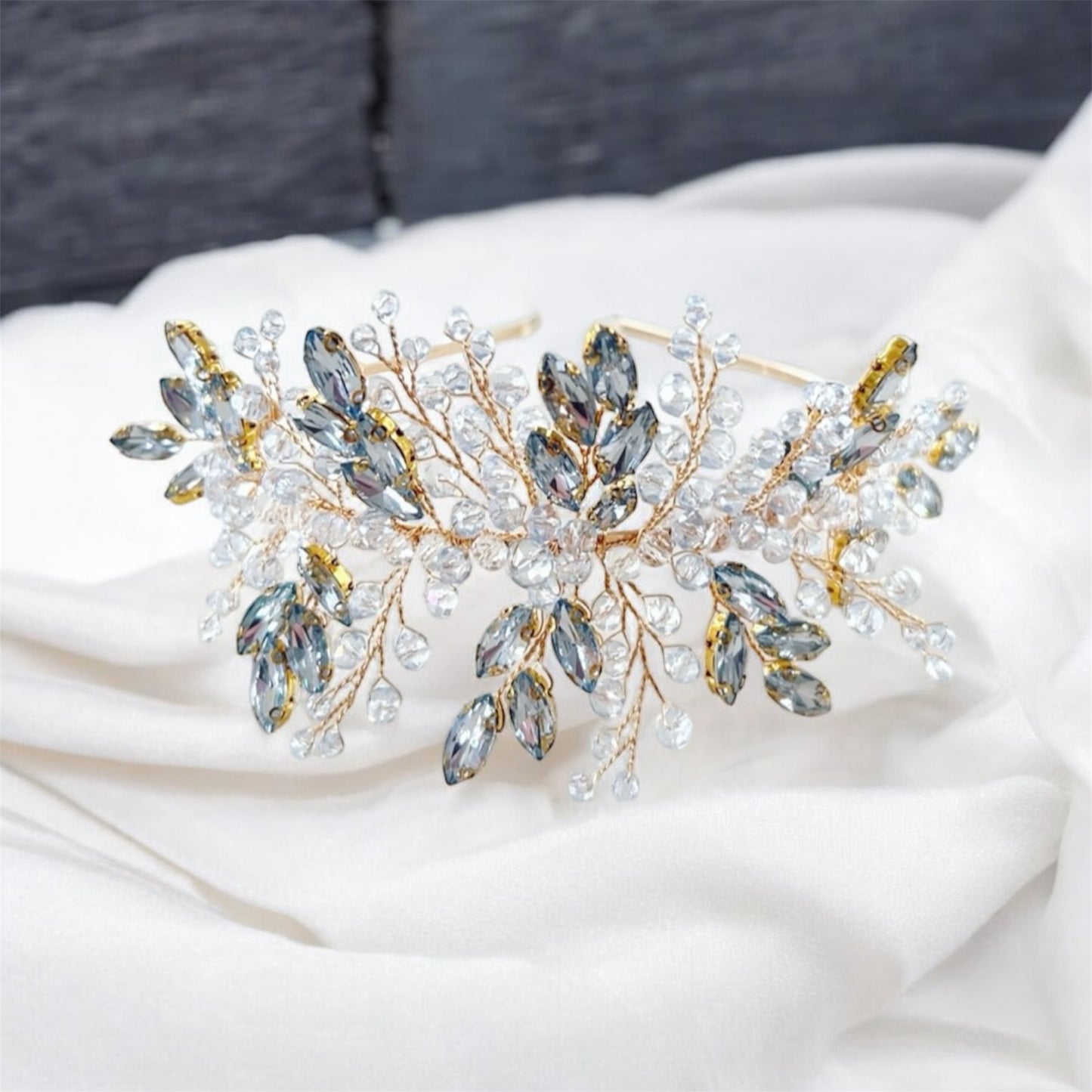 blue and gold crystal bridal headpiece