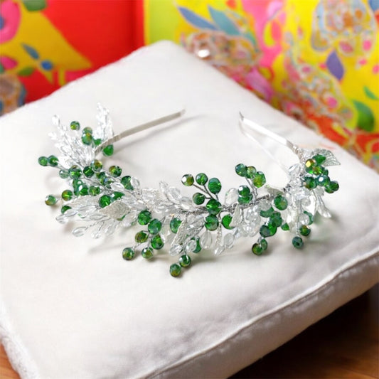 Green bohemian inspired bridal headpiece
