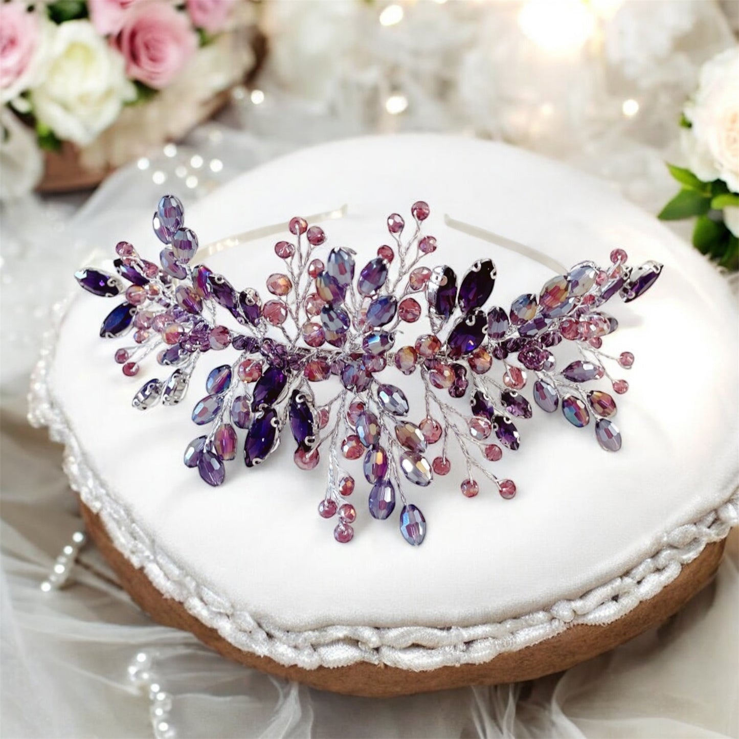 Purple and mauve crystal bridal headpiece