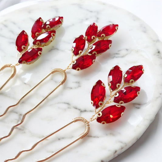 set of 3 vibrant red crystal hair pins