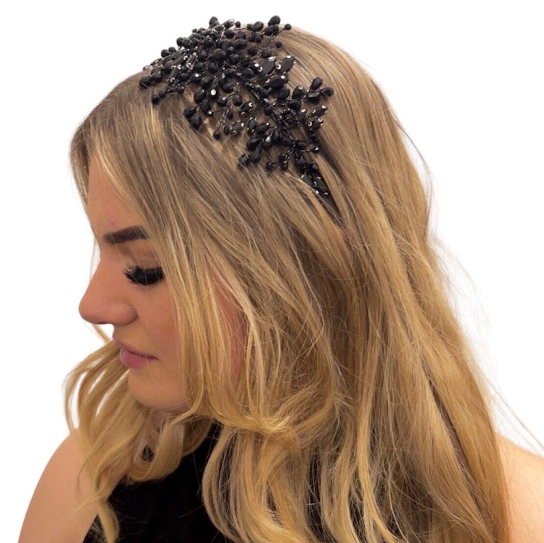 Black crystal vintage style side headpiece - Petal & Pearl