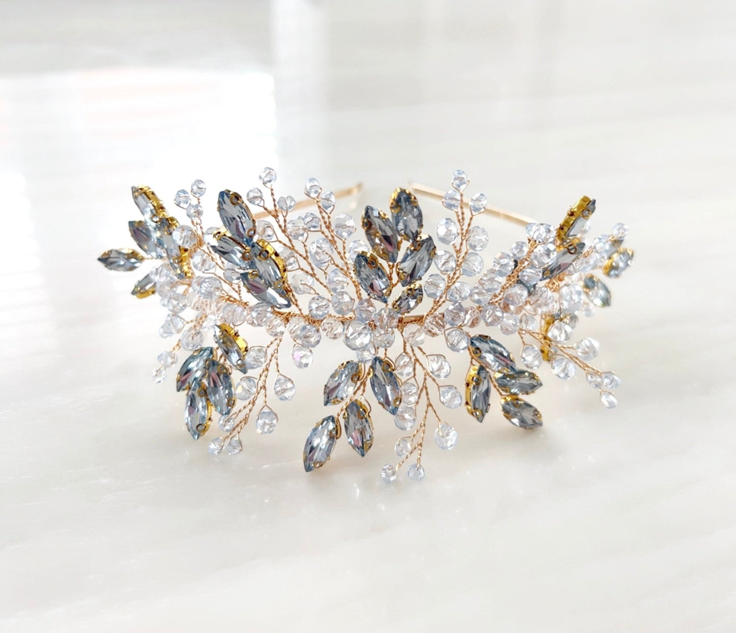 blue and gold crystal bridal headpiece - Petal & Pearl