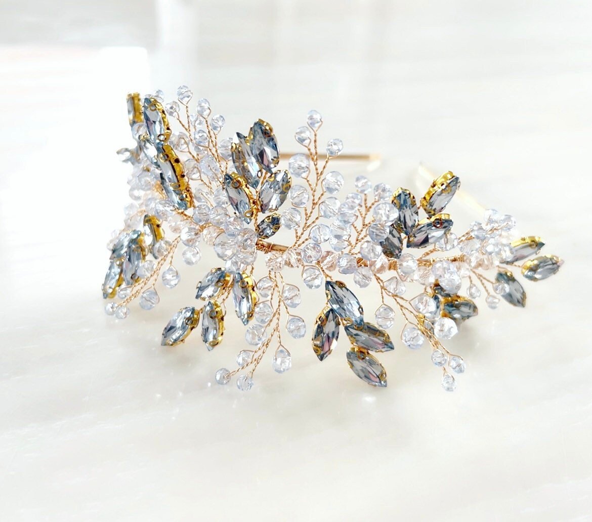 blue and gold crystal bridal headpiece - Petal & Pearl