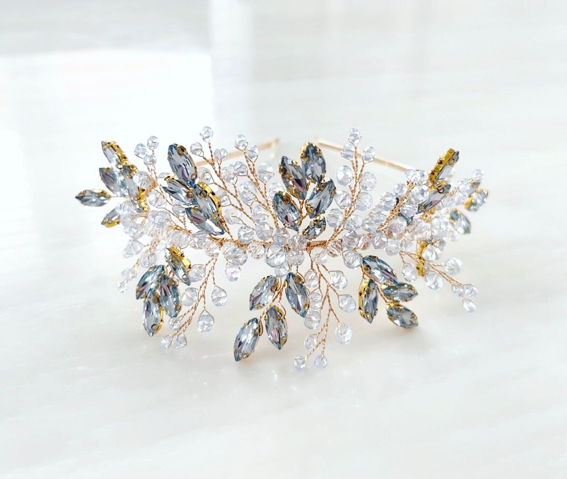 blue and gold crystal bridal headpiece - Petal & Pearl