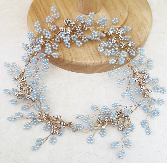 Blue Beaded gypsophila bridal hair vine - Petal & Pearl