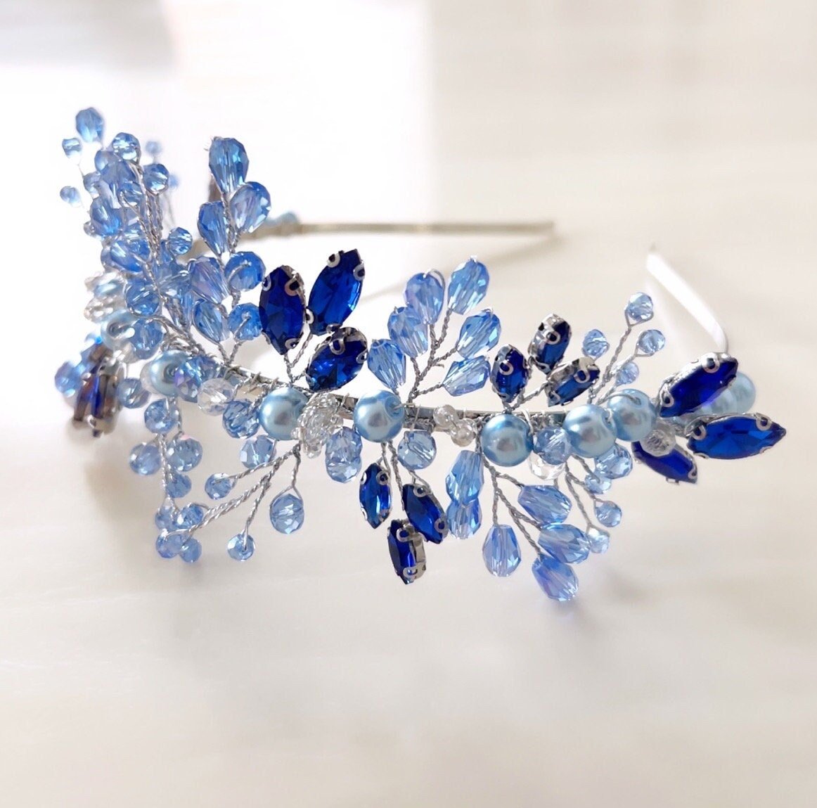 Blue crystal bridal tiara - Petal & Pearl