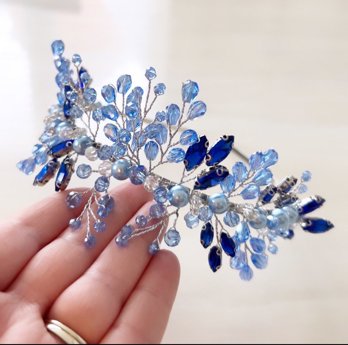 Blue crystal bridal tiara - Petal & Pearl