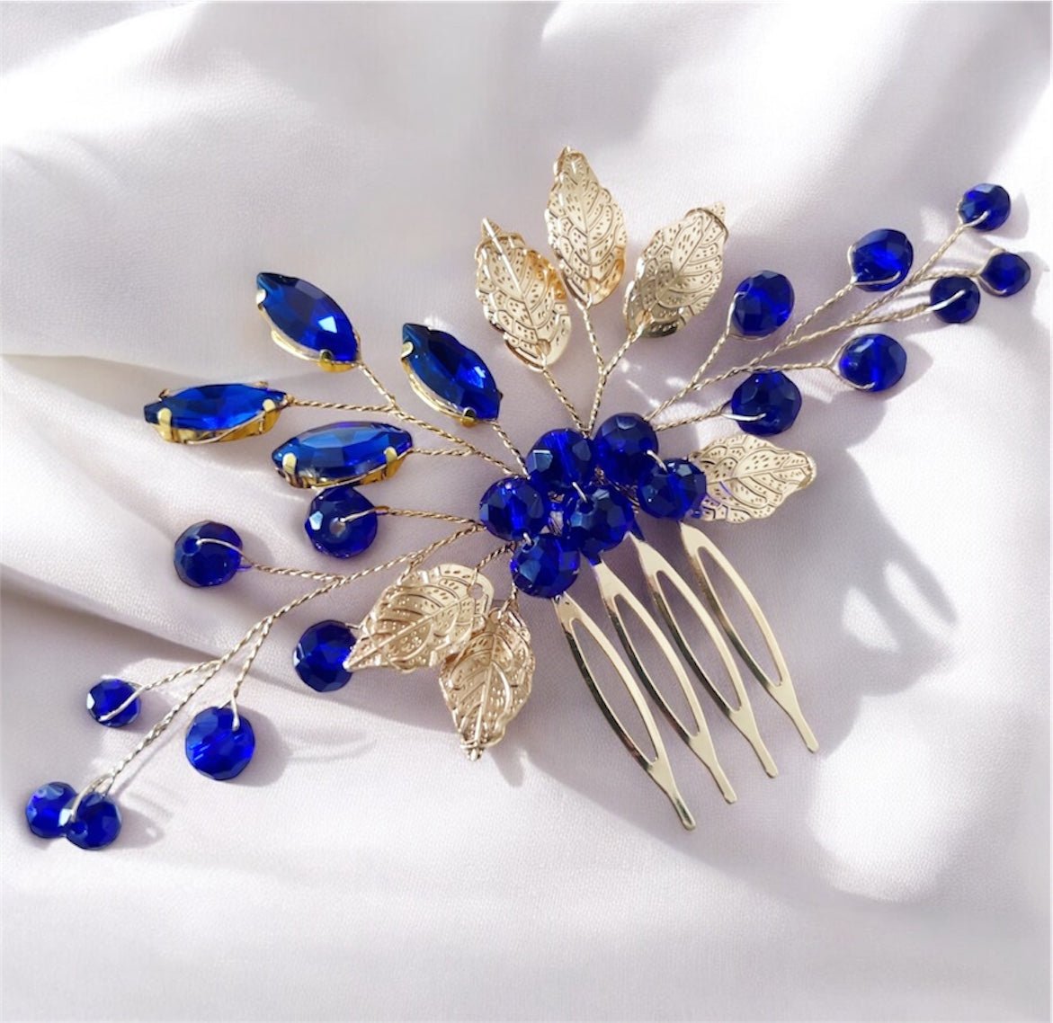 Blue Crystal Hair Comb with gold leaves - Petal & Pearl