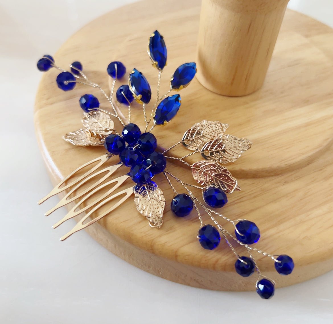 Blue Crystal Hair Comb with gold leaves - Petal & Pearl