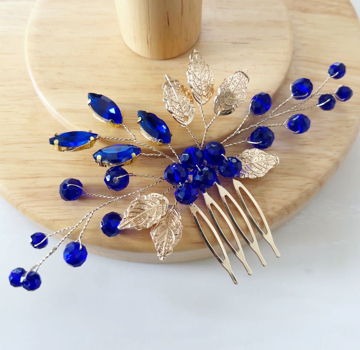 Blue Crystal Hair Comb with gold leaves - Petal & Pearl