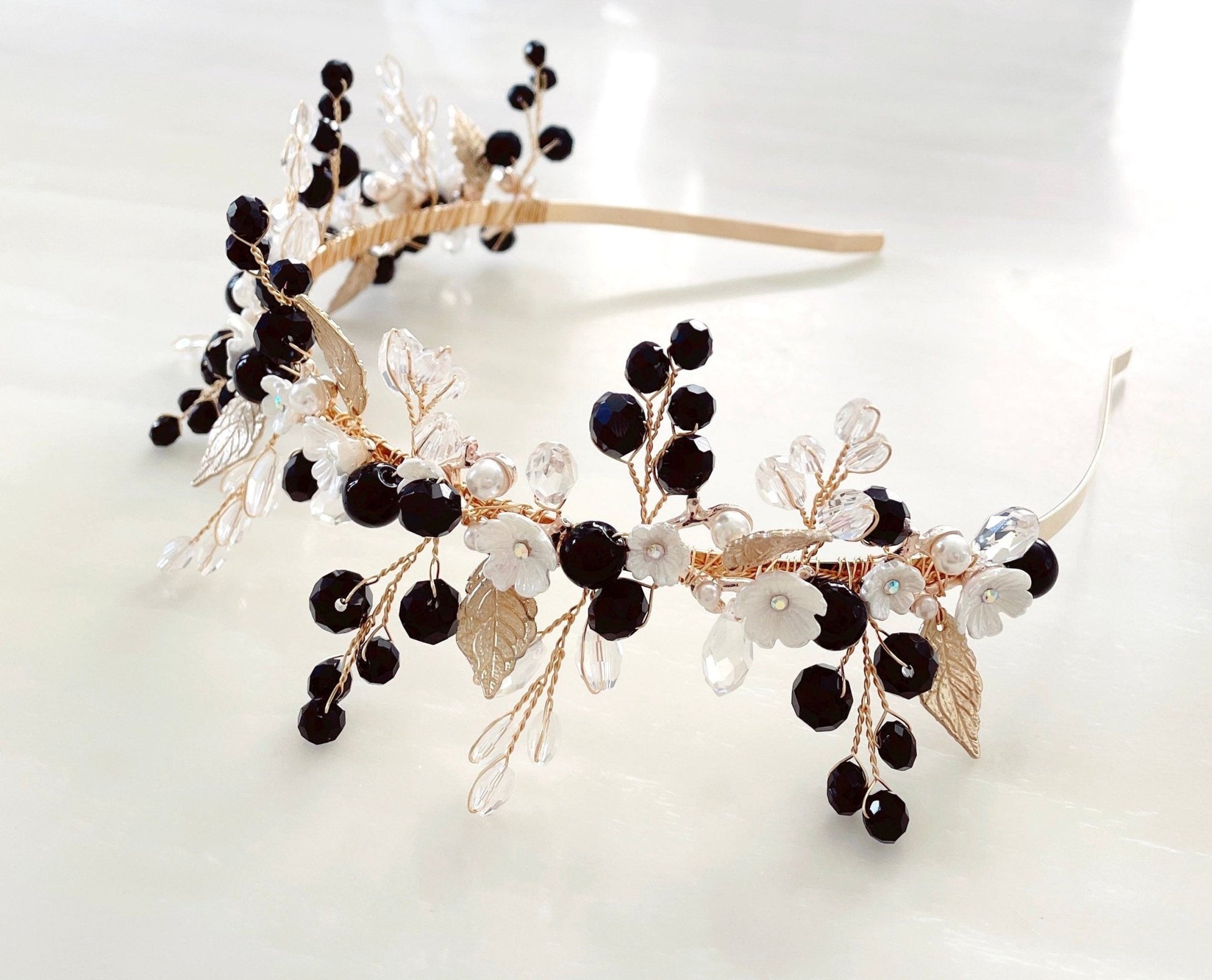 Bohemian Black and white flower bridal headpiece - Petal & Pearl