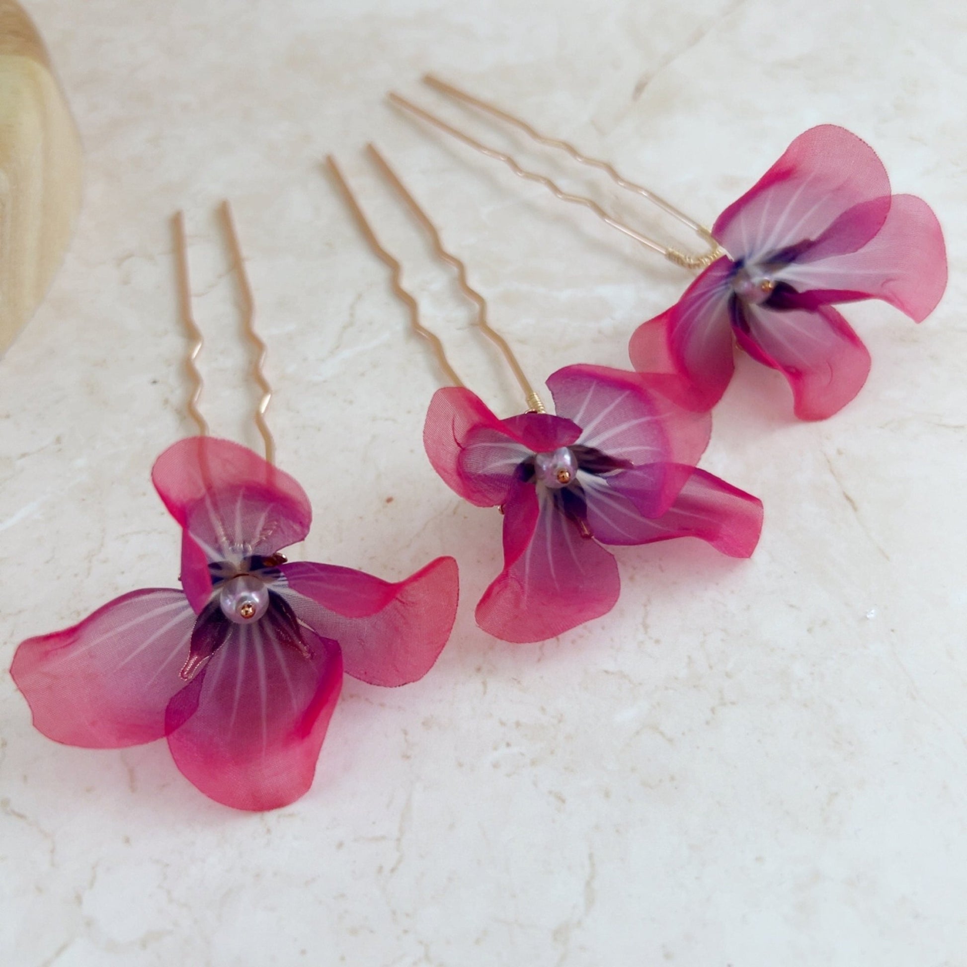 Bright pink and purple flower hair pins - Petal & Pearl