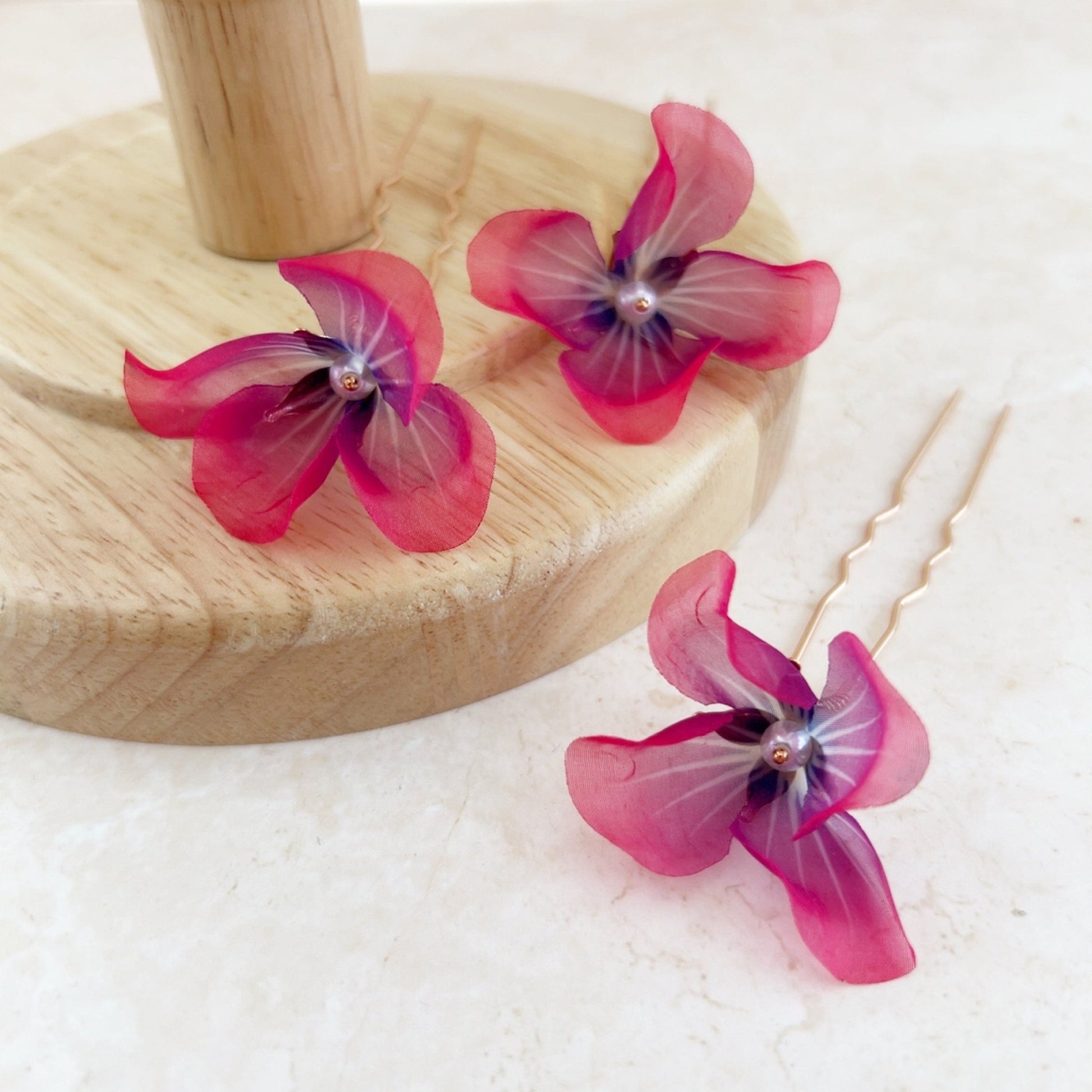 Bright pink and purple flower hair pins - Petal & Pearl