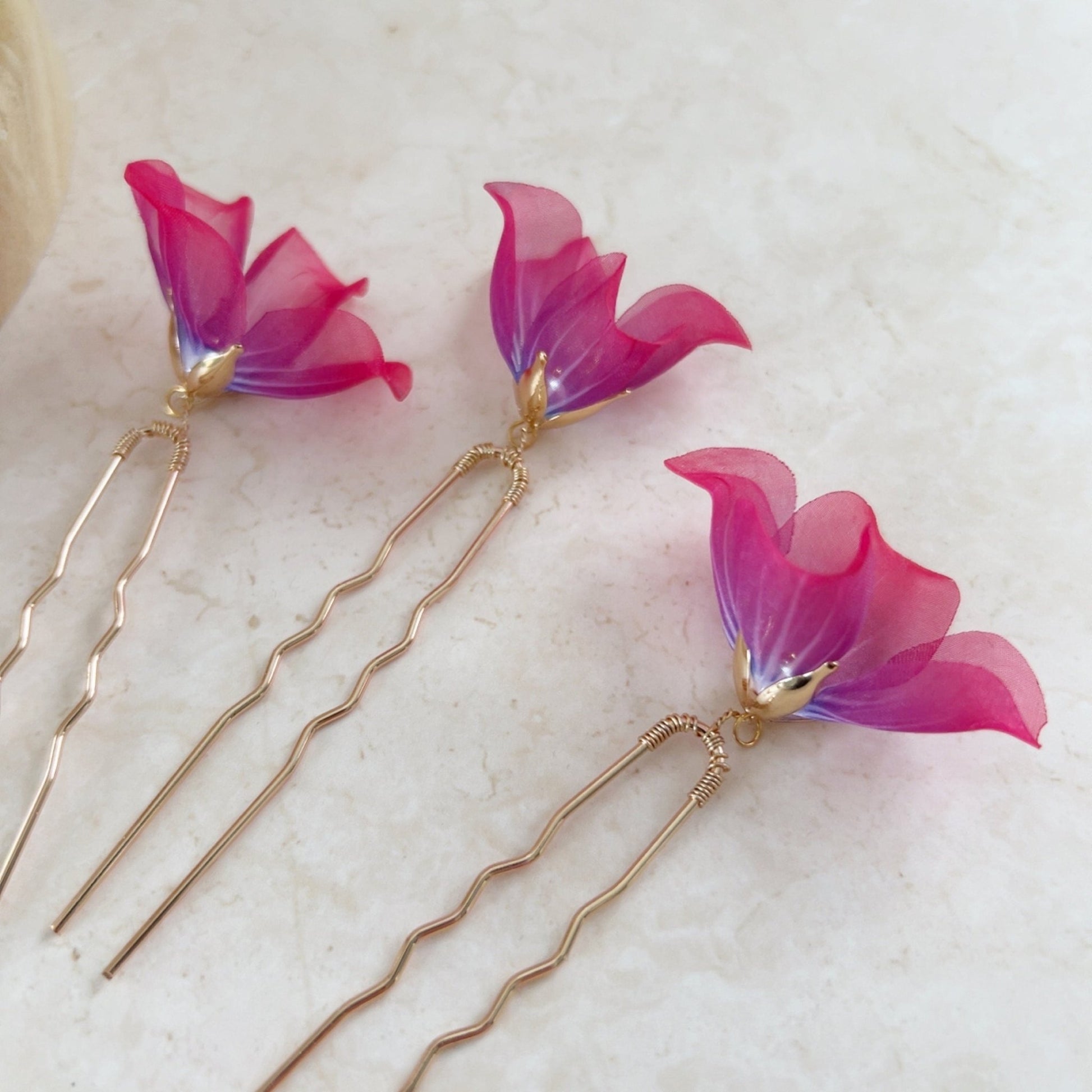 Bright pink and purple flower hair pins - Petal & Pearl