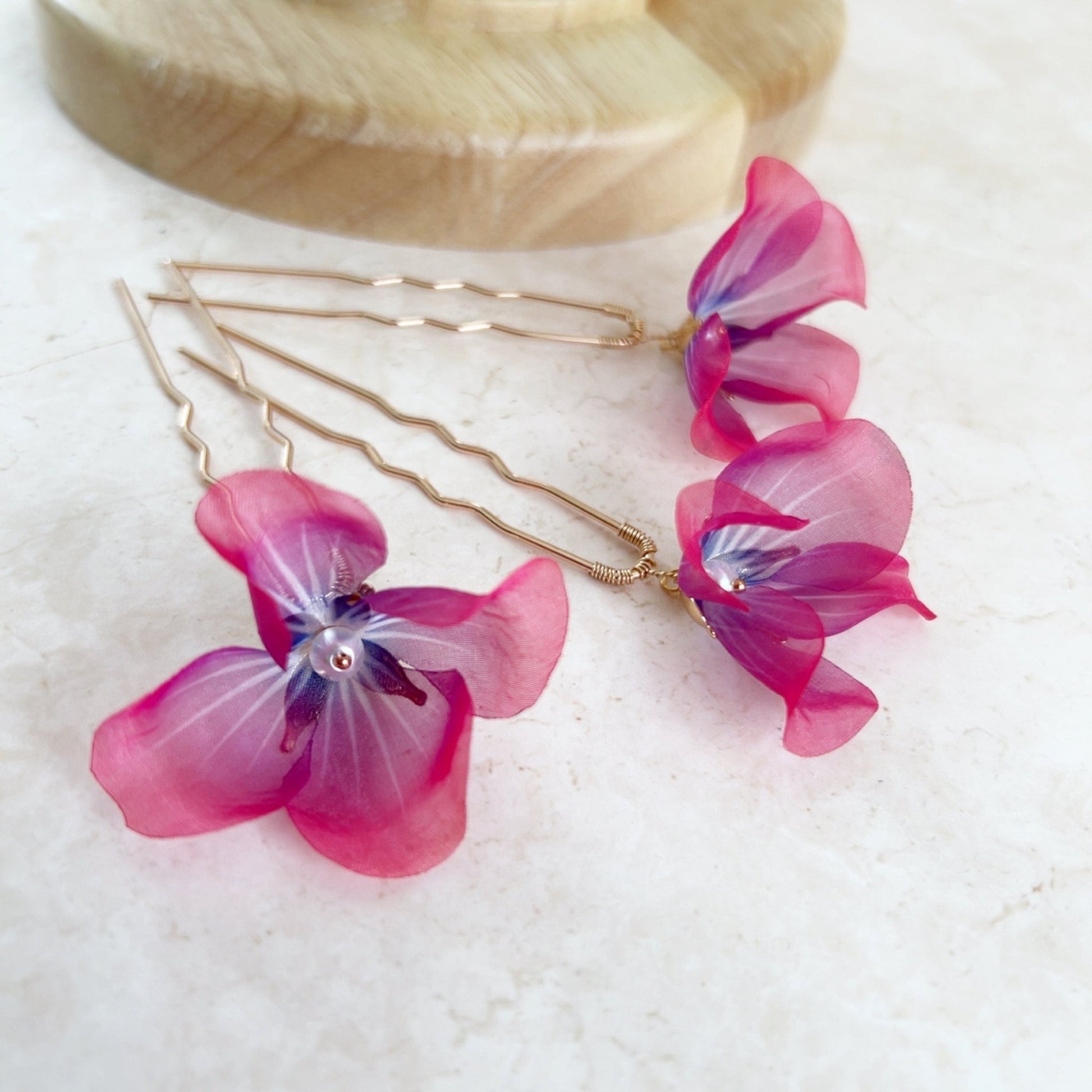 Bright pink and purple flower hair pins - Petal & Pearl