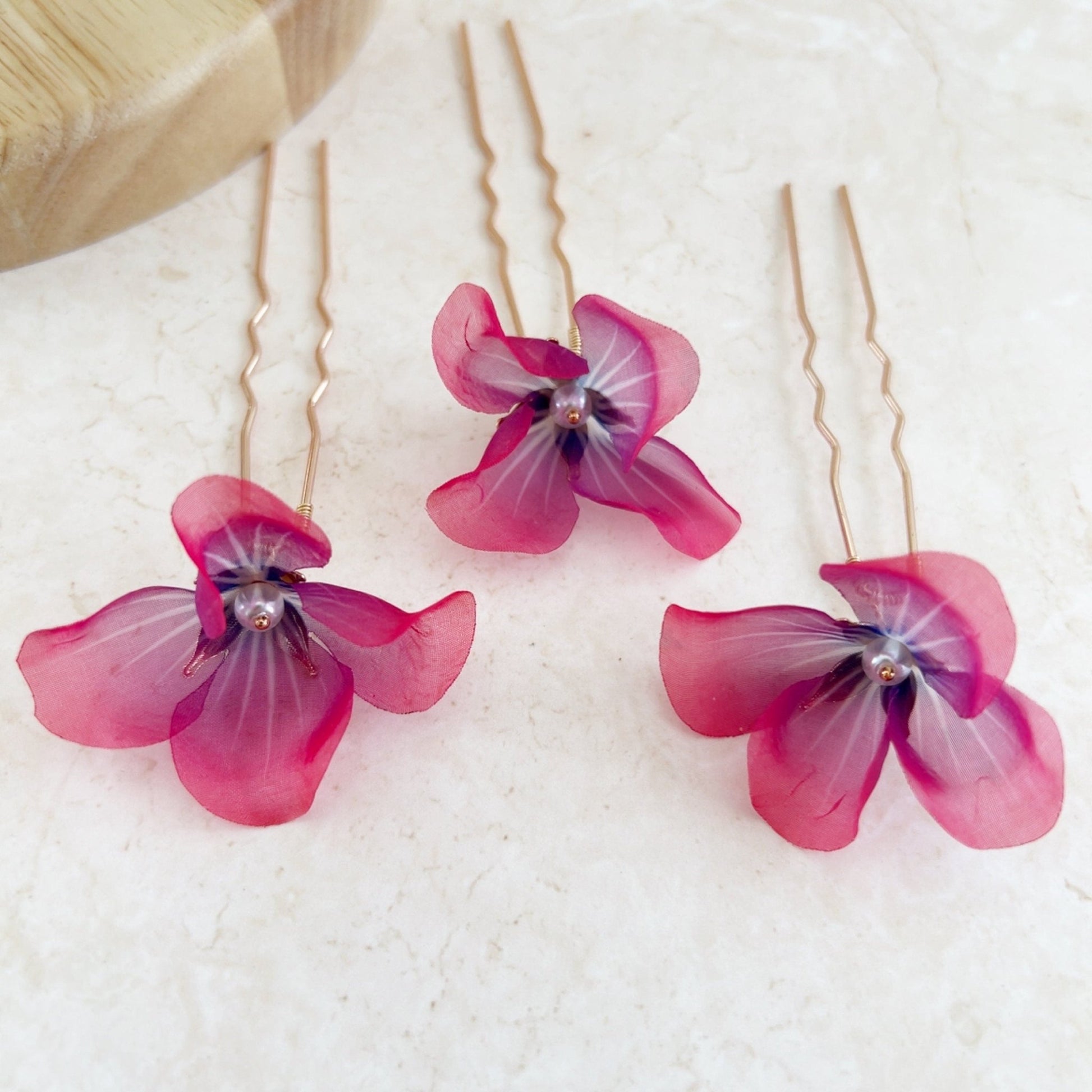 Bright pink and purple flower hair pins - Petal & Pearl