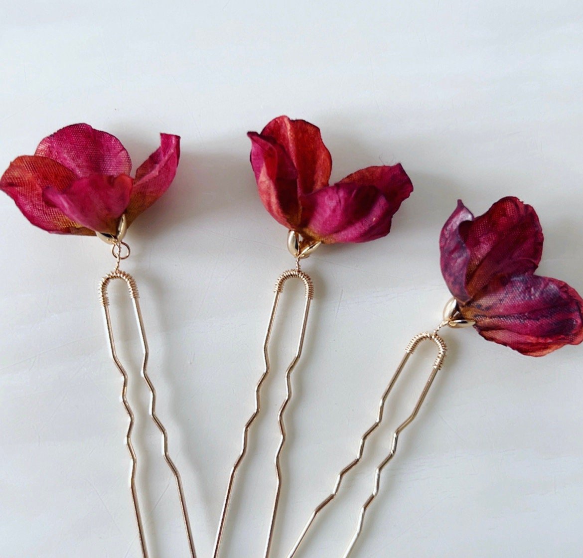Burgundy red flower hair pins - Petal & Pearl