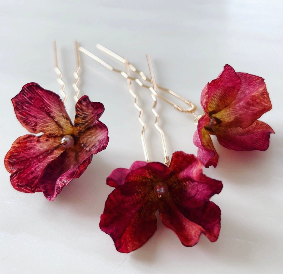 Burgundy red flower hair pins - Petal & Pearl
